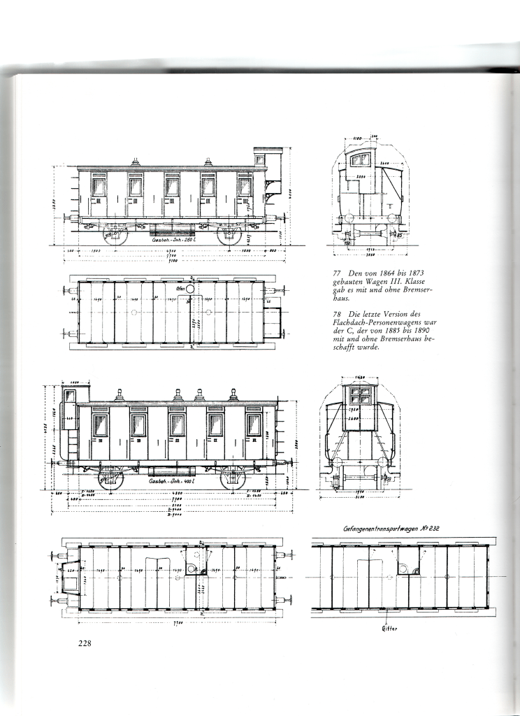 An excerpt from Albert Mühl's Die Pfalzbahn containing schematics for two third class two-axle coaches.