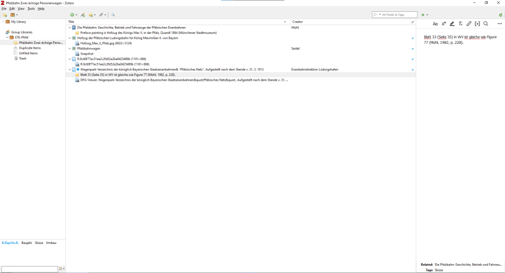 A screenshot of the author's Zotero workspace, including several sources, tree setup, notes, and tags.